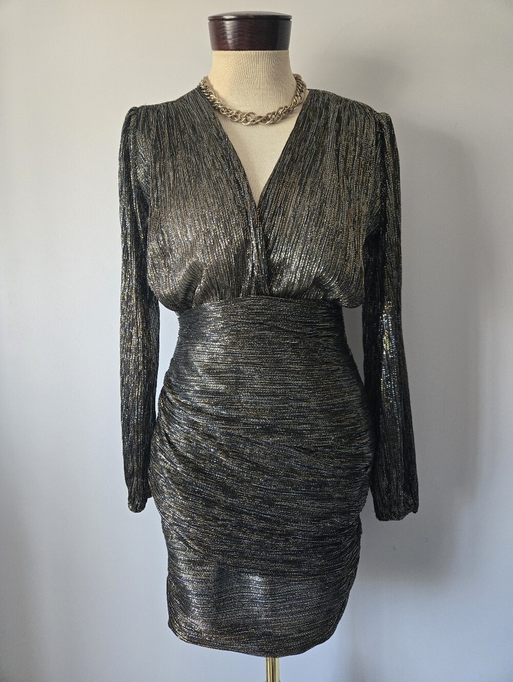 Maje Metallic Black and Gold Long-Sleeve V-Neck Ruched Dress. Size 4/ Small